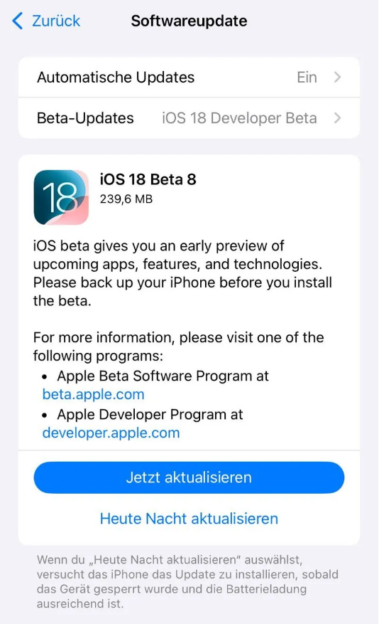 商河苹果手机维修分享苹果 iOS / iPadOS 18 开发者预览版 Beta 8 发布 